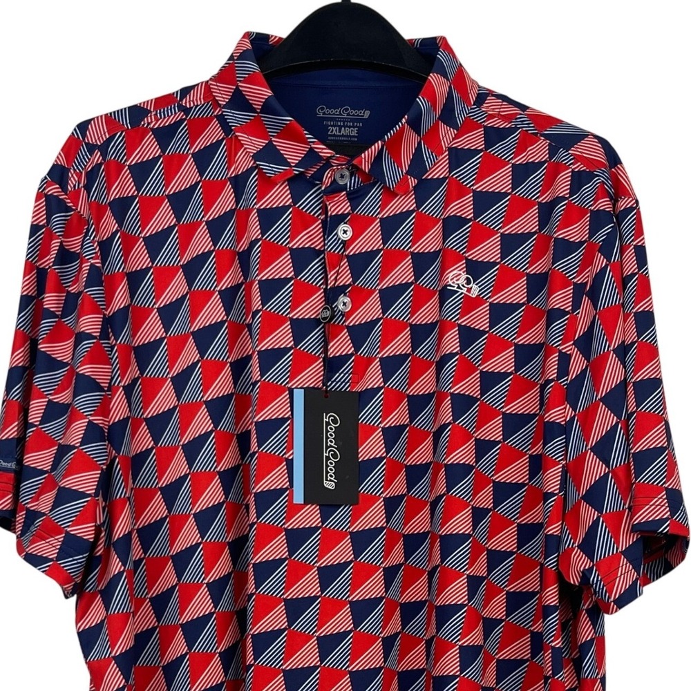 NEW Good Good Golf Polo "Check‎ Me Out" Mens 2XL Red Navy Geometric USA $74.99